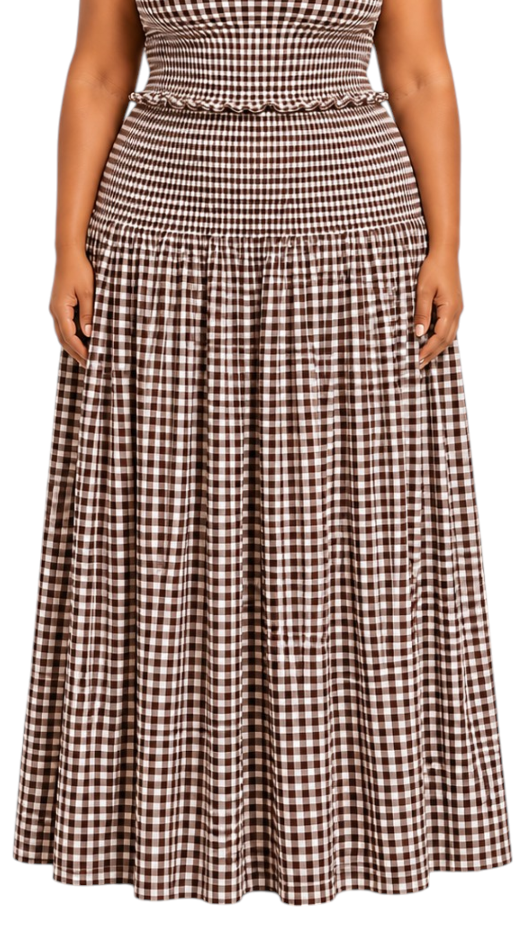 Gathered Checked Cottage Maxi Skirt Brown