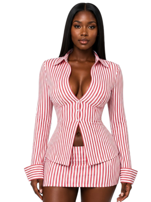 Stripped snatched Long sleeve Top Red