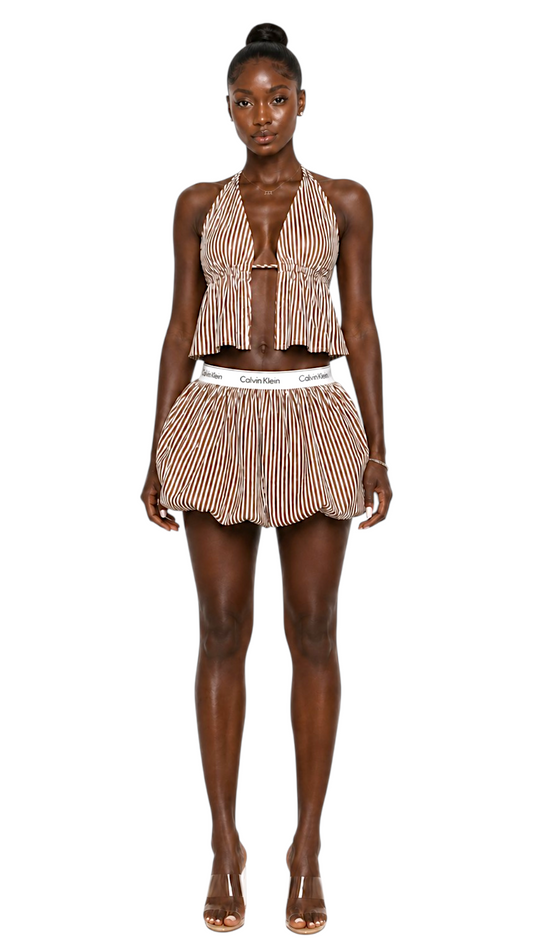 Jacquard stripes triangle Chocolate Top and bubble skirt set