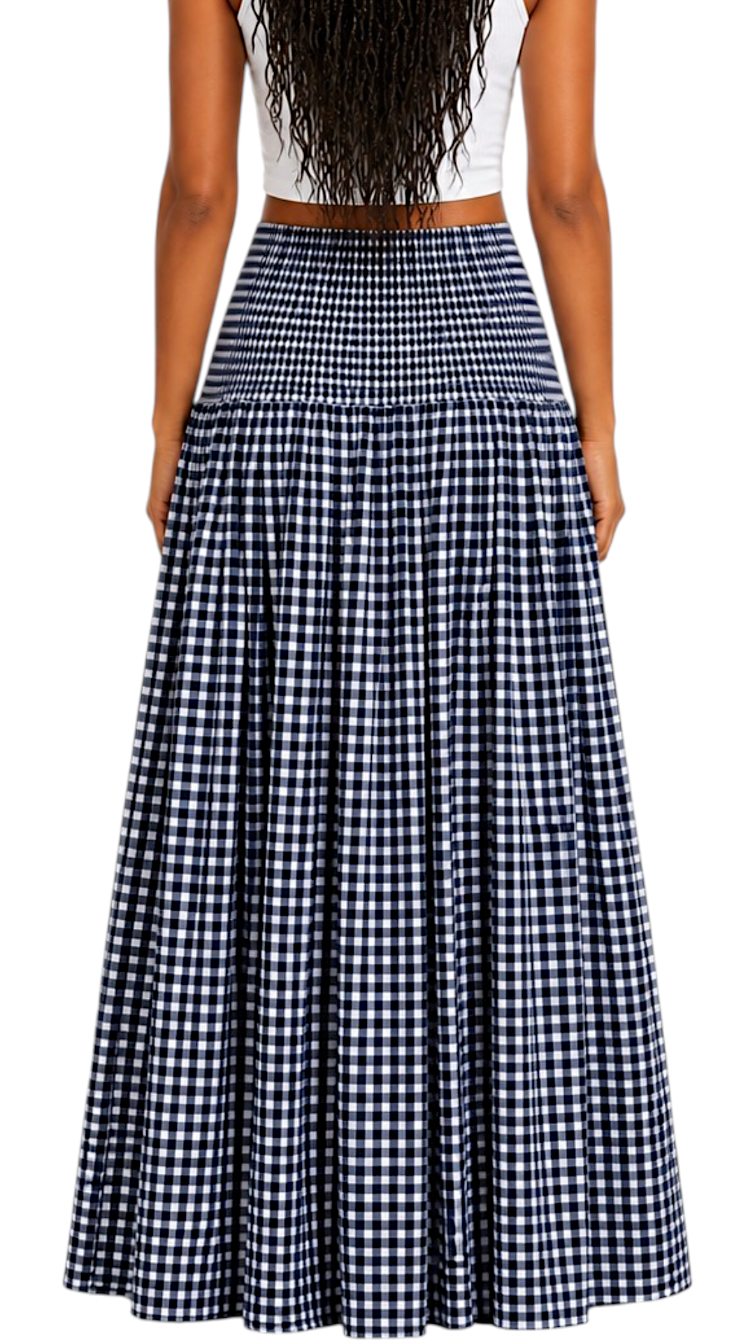 Gathered Checked Cottage Maxi Skirts Navy Blue.