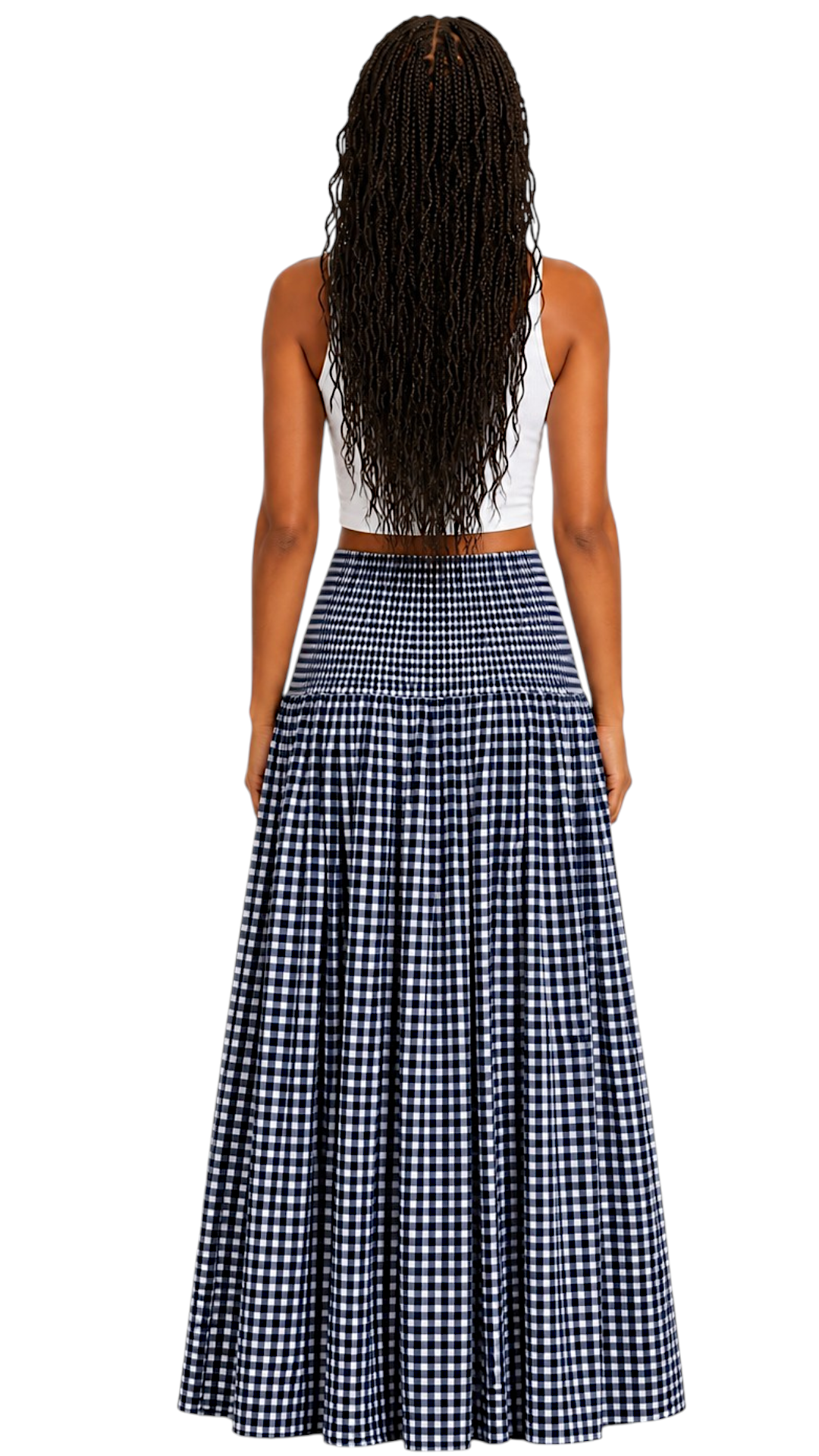 Gathered Checked Cottage Maxi Skirts Navy Blue.