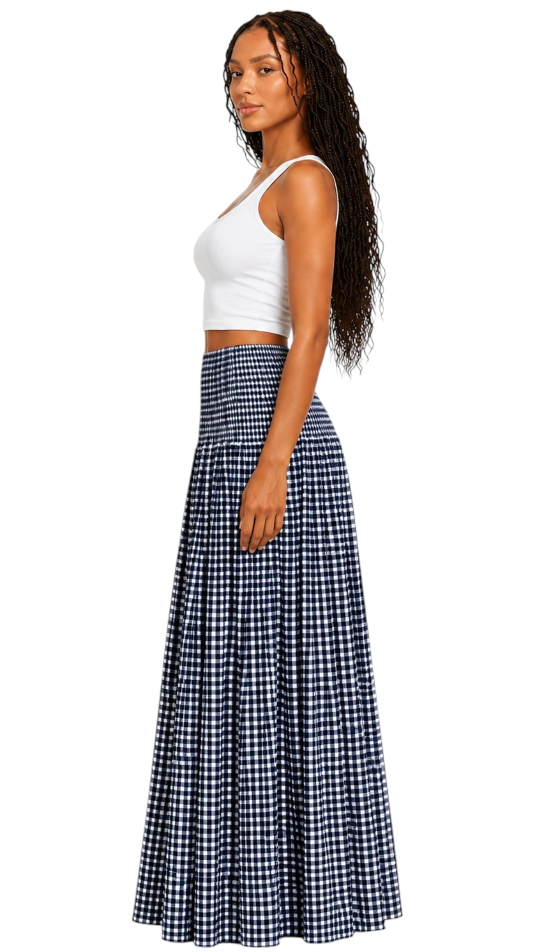 Gathered Checked Cottage Maxi Skirts Navy Blue.
