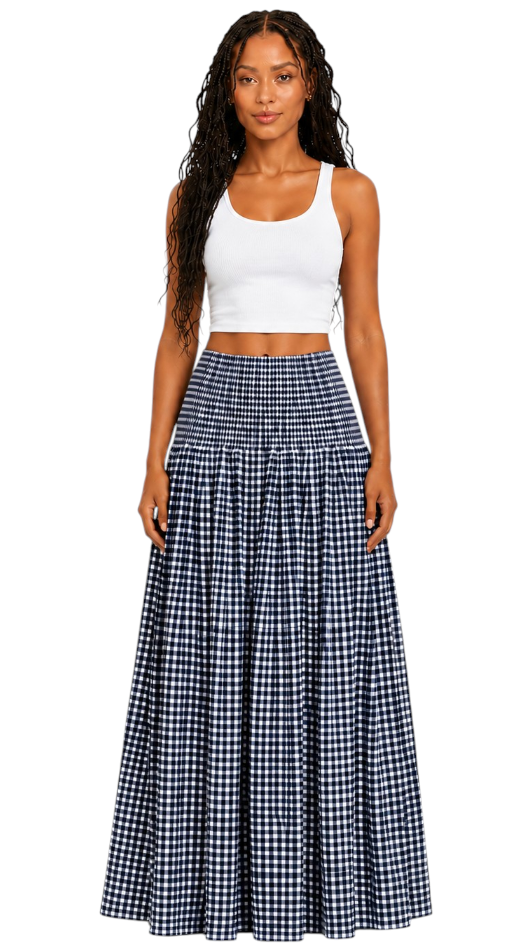 Gathered Checked Cottage Maxi Skirts Navy Blue.