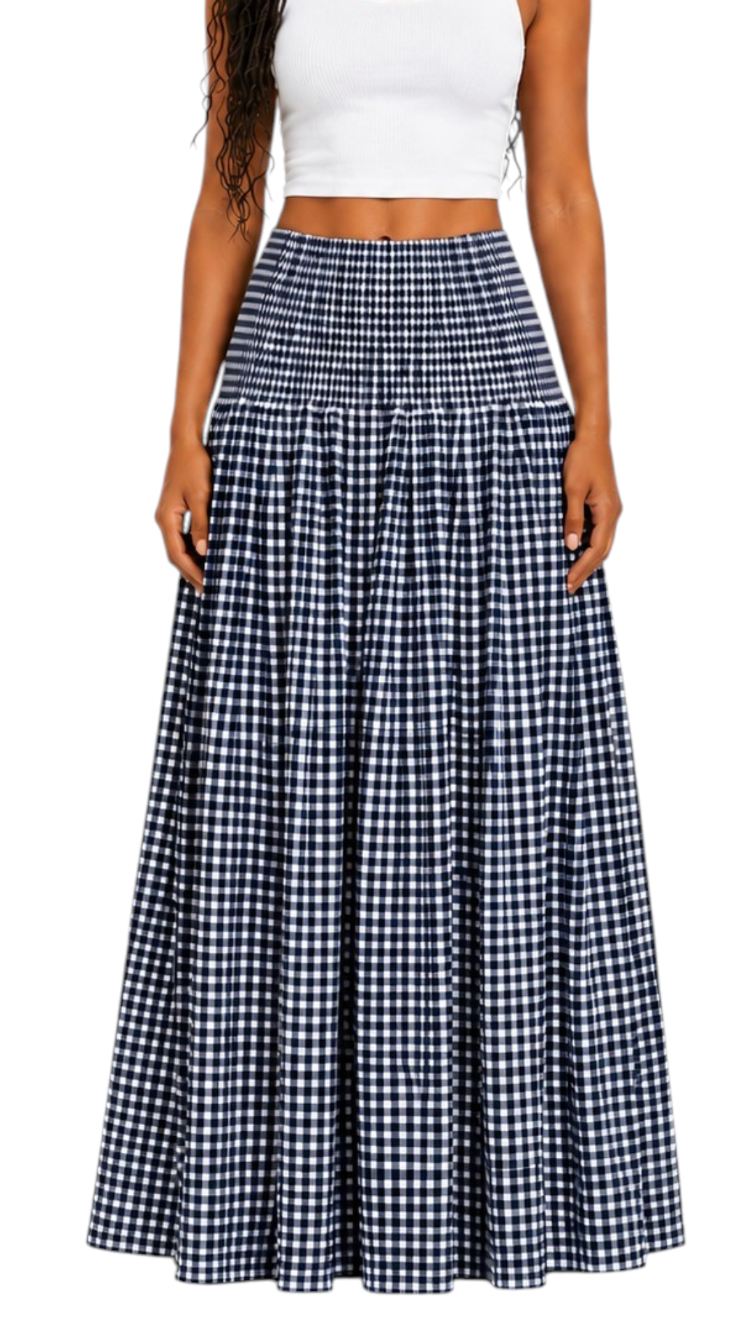 Gathered Checked Cottage Maxi Skirts Navy Blue.