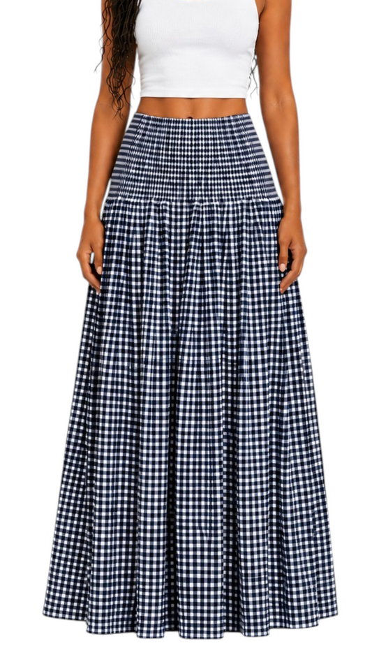 Gathered Checked Cottage Maxi Skirts Navy Blue.