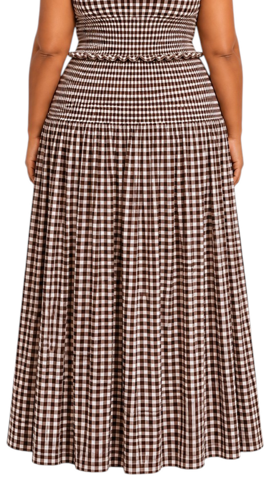 Gathered Checked Cottage Maxi Skirt Brown