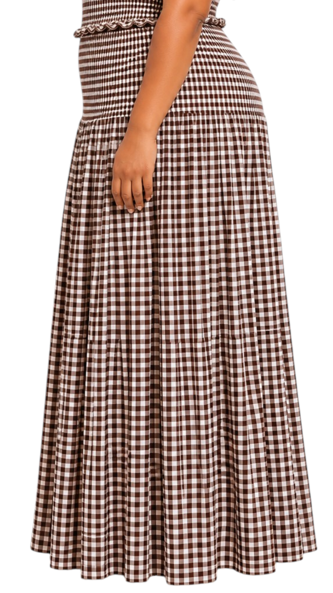 Gathered Checked Cottage Maxi Skirt Brown