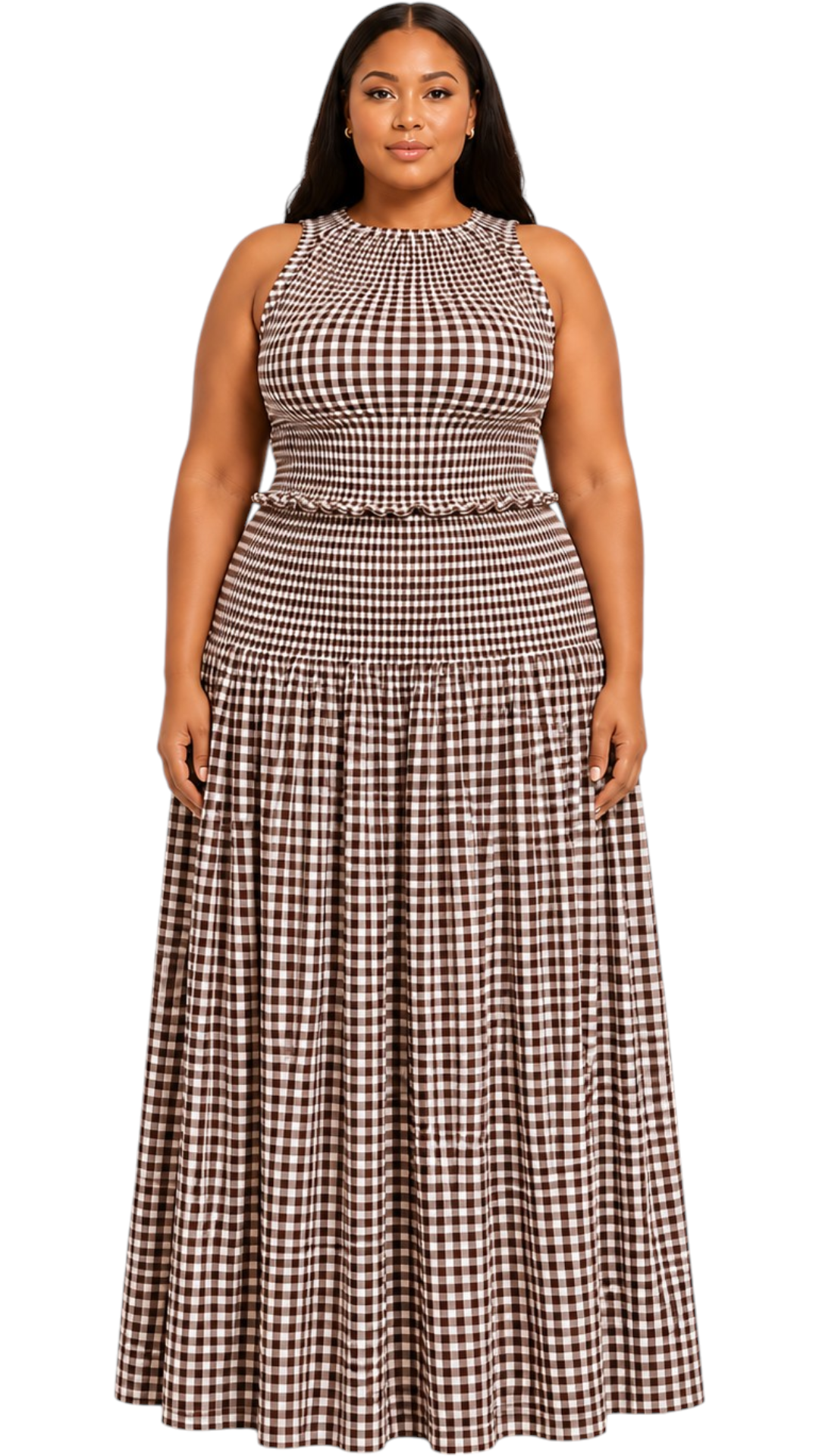 Gathered Checked Cottage Maxi Skirt Brown