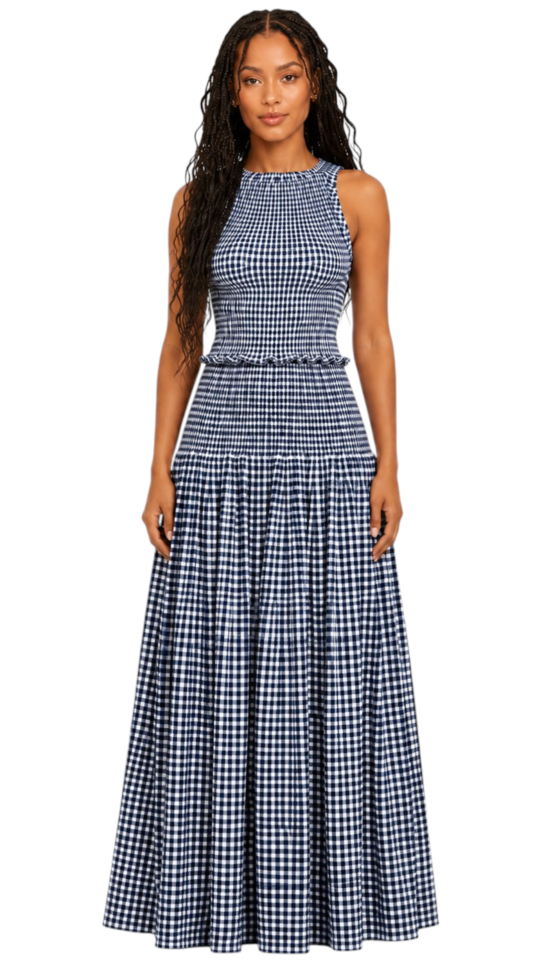 Gathered Checked Cottage Maxi Skirts Navy Blue.