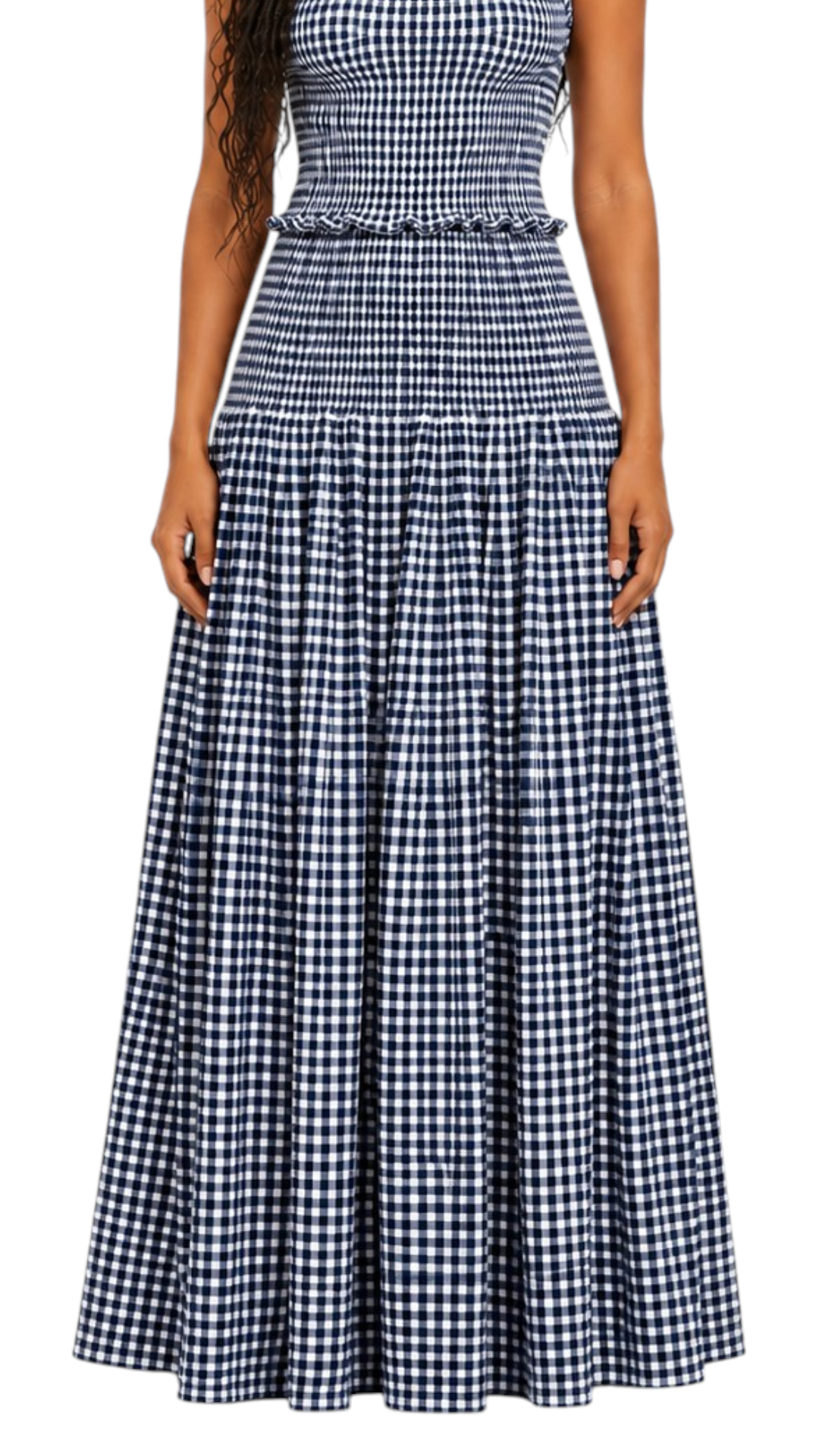 Gathered Checked Cottage Maxi Skirts Navy Blue.